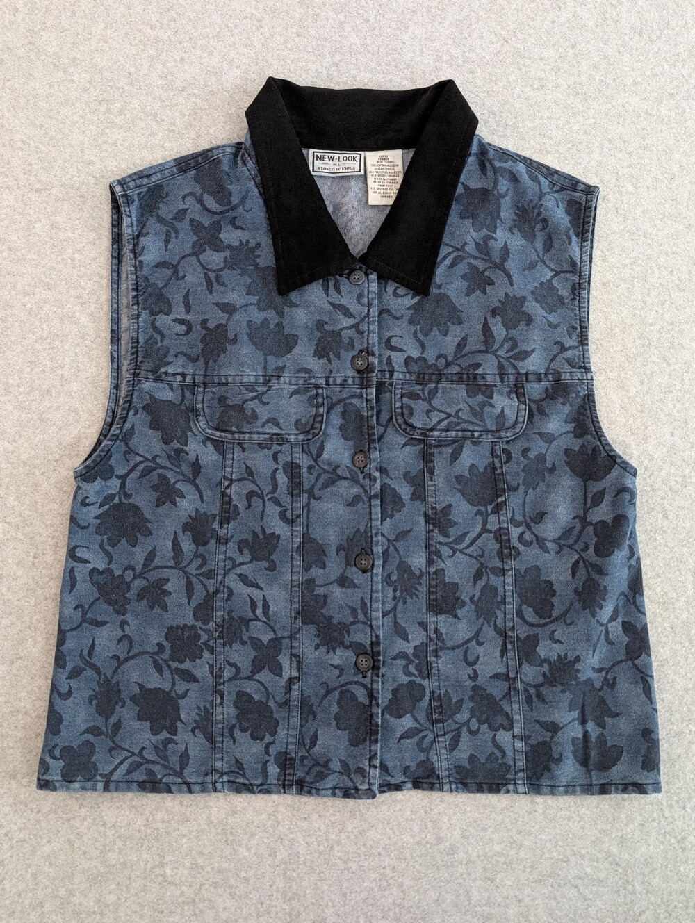 Vintage New Look Floral Blue Sleeveless L Vest Black Velvet Collar Cottage Boho